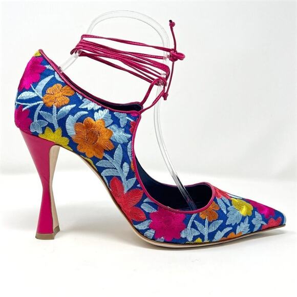 Manolo Blahnik Cotis Floral Embroidered Pumps 39.5 Blue Pink Heels - Picture 3 of 11